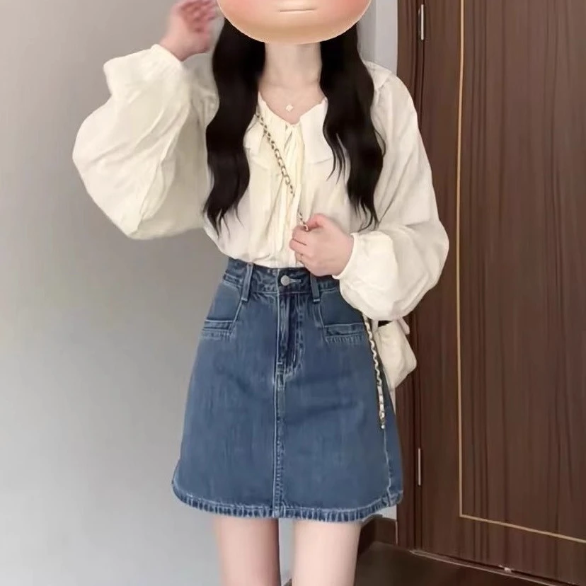 一整套春秋穿搭小个子韩系学院风泡泡袖衬衫牛仔半身裙两件套装女
