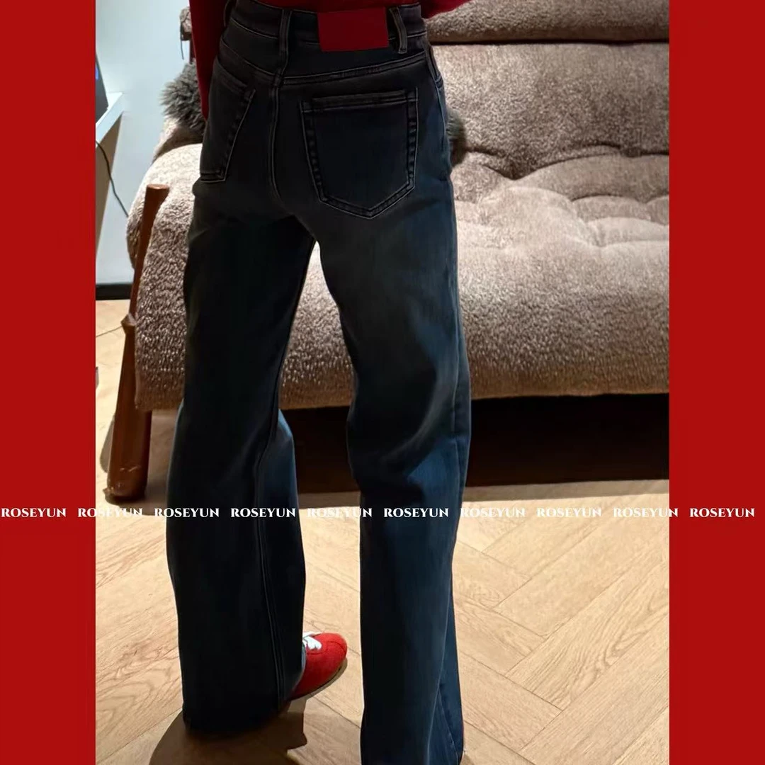 【Rose Yun】年款红色皮牌双重发热特绒四面弹牛仔直筒裤  JY125148