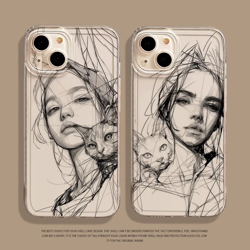 素描女孩与猫适用iPhone16苹果15手机壳13promax创意12网红14硅胶