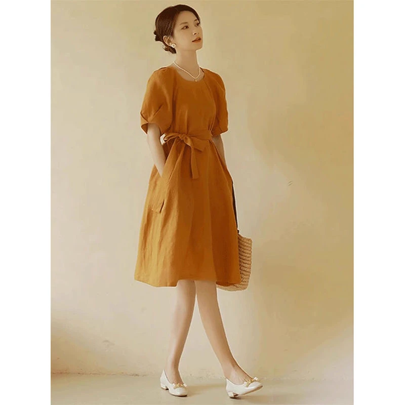 法式高端名媛气质连衣裙女夏季新款收腰系带显瘦圆领泡泡袖A字裙