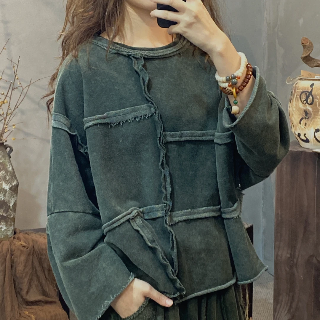 M534复古做旧拼接设计毛圈卫衣宽松小众秋冬上衣