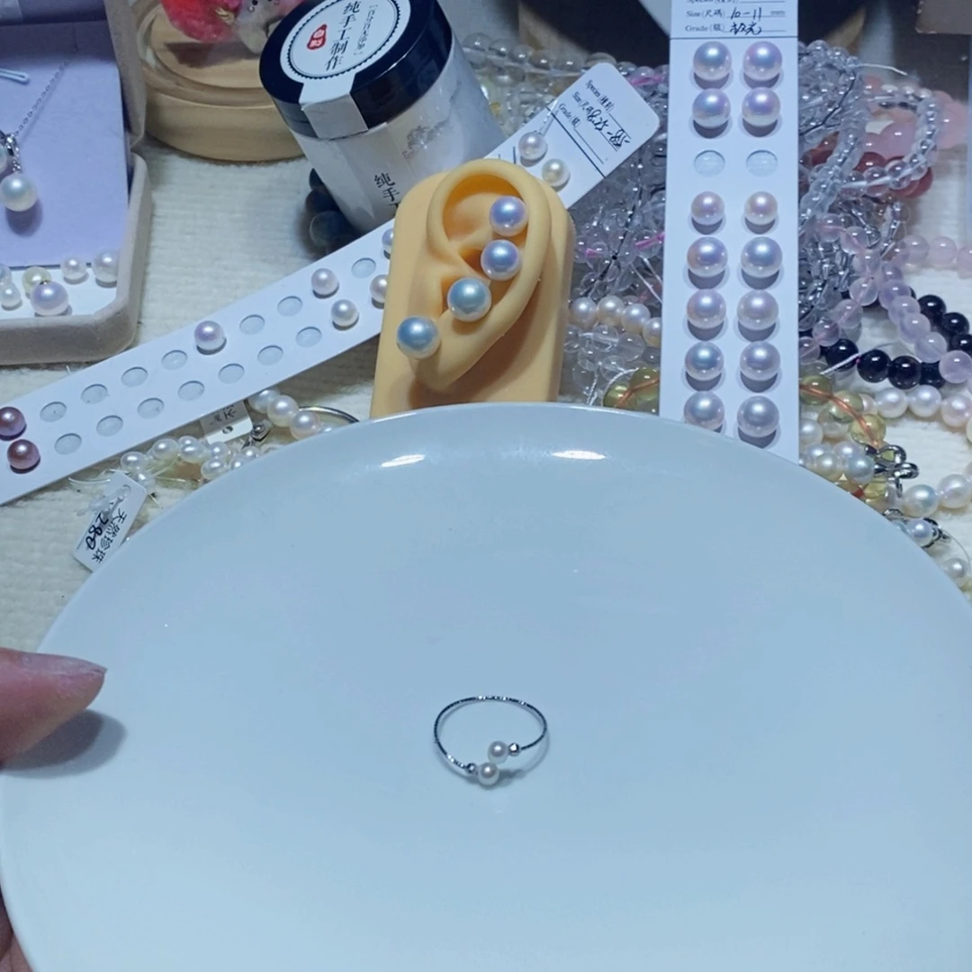 银S925镶嵌双珠戒指淡水珍珠