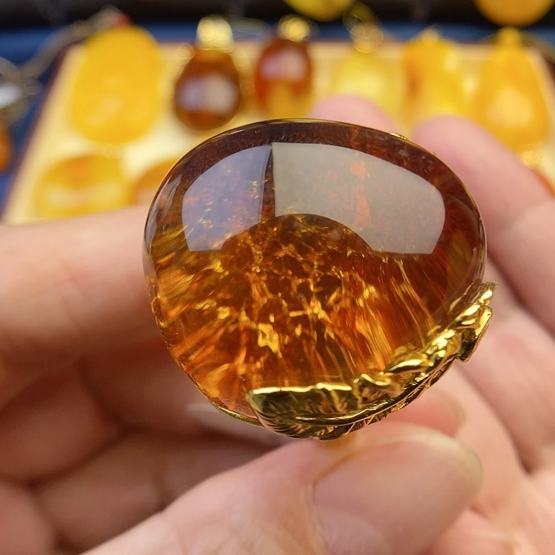 琥珀银S925镀金镶嵌戒指