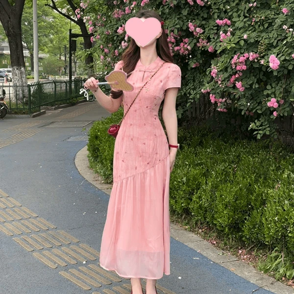 新中式温柔风短袖旗袍连衣裙2025夏季新款气质收腰甜美裙子设计感
