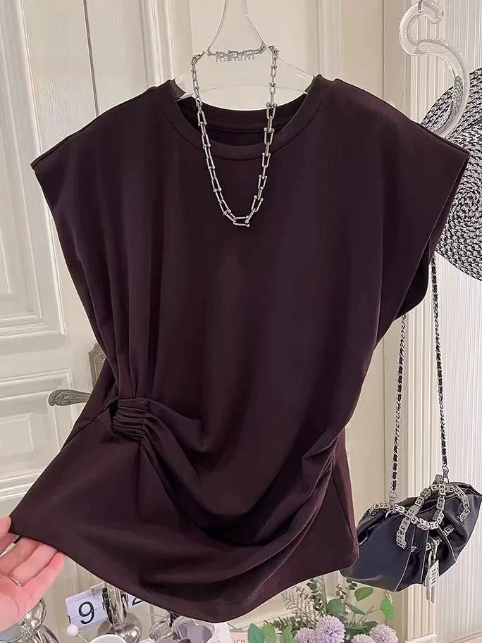 A76无袖韩版纯色不褪色，不起球圆领飞飞袖气质开叉露肩百搭T恤