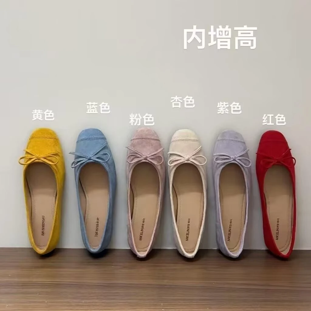 韩版法式芭蕾风红色绒面内增高蝴蝶结一脚蹬单鞋春夏新款懒人鞋外