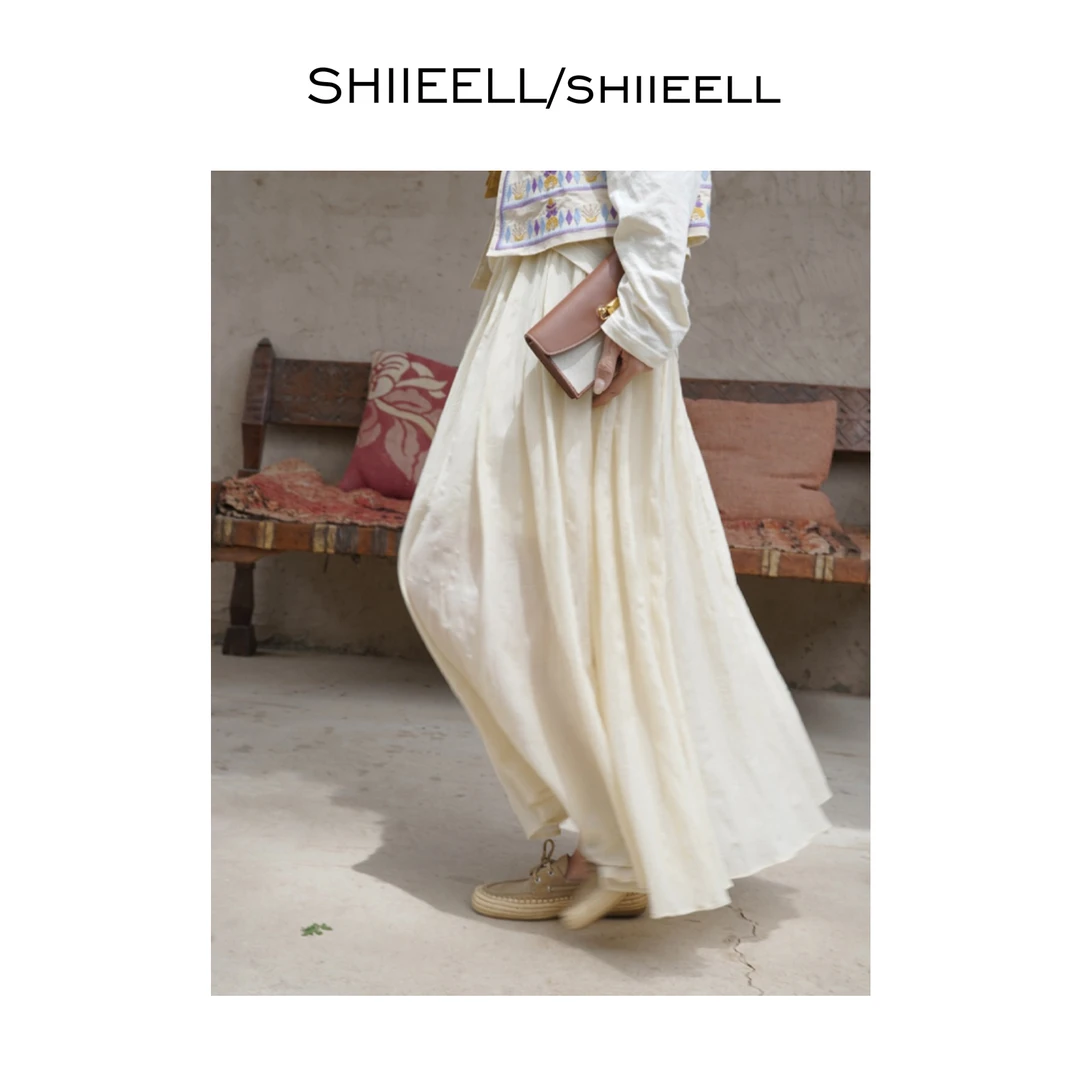 SHIIEELL夏季新款米色老钱法式褶皱松紧腰百搭高腰半身裙子W5419