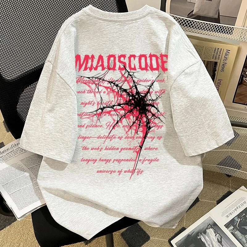 夏季纯棉美式蜘蛛印花t恤短袖宽松慵懒风男女款爆款2025新款衣服