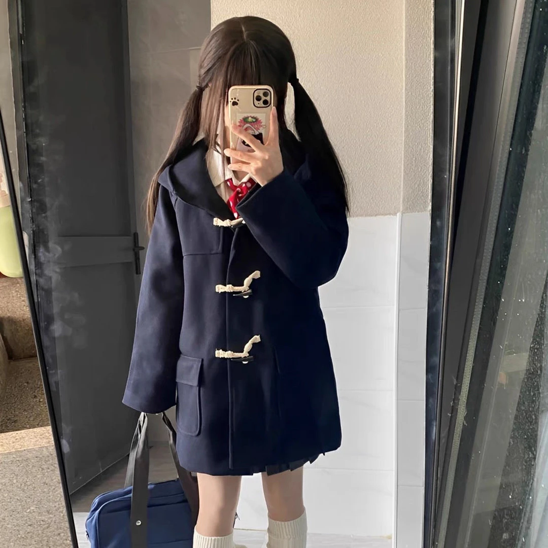秋冬新款小个子学院风加绒中长款牛角扣毛呢大衣女连帽JK制服外套
