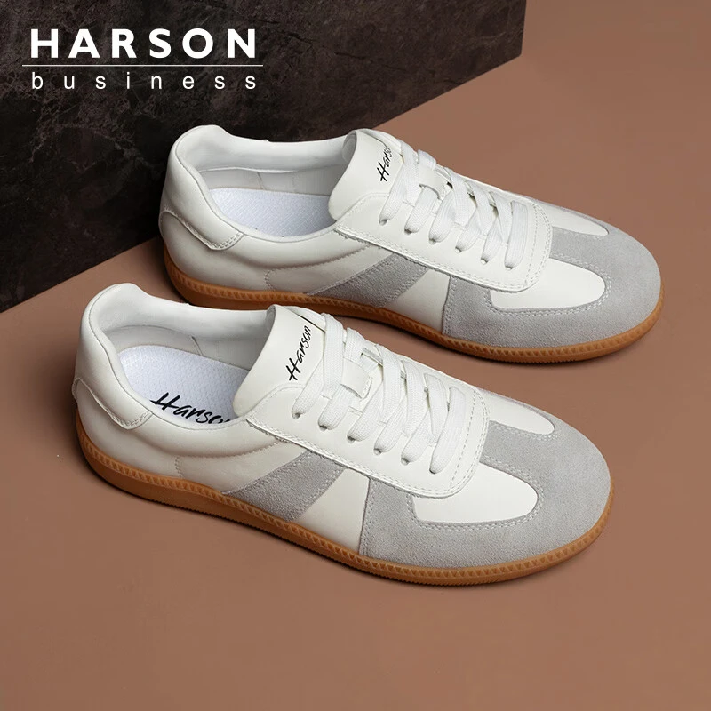 Harson哈森春秋新款男士真皮牛皮时尚潮流复古风简约百搭德训鞋男