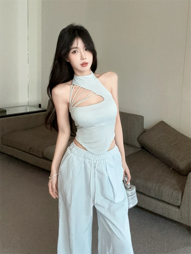挂脖镂空不规则纯欲辣妹挂脖吊带背心夏季高腰防晒长裤两件套