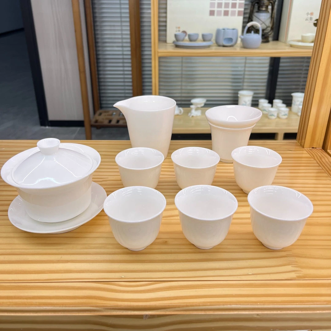 [新人福利]纯白铃铛杯款10件套(无主人杯)羊脂玉瓷茶具 泡沫包装
