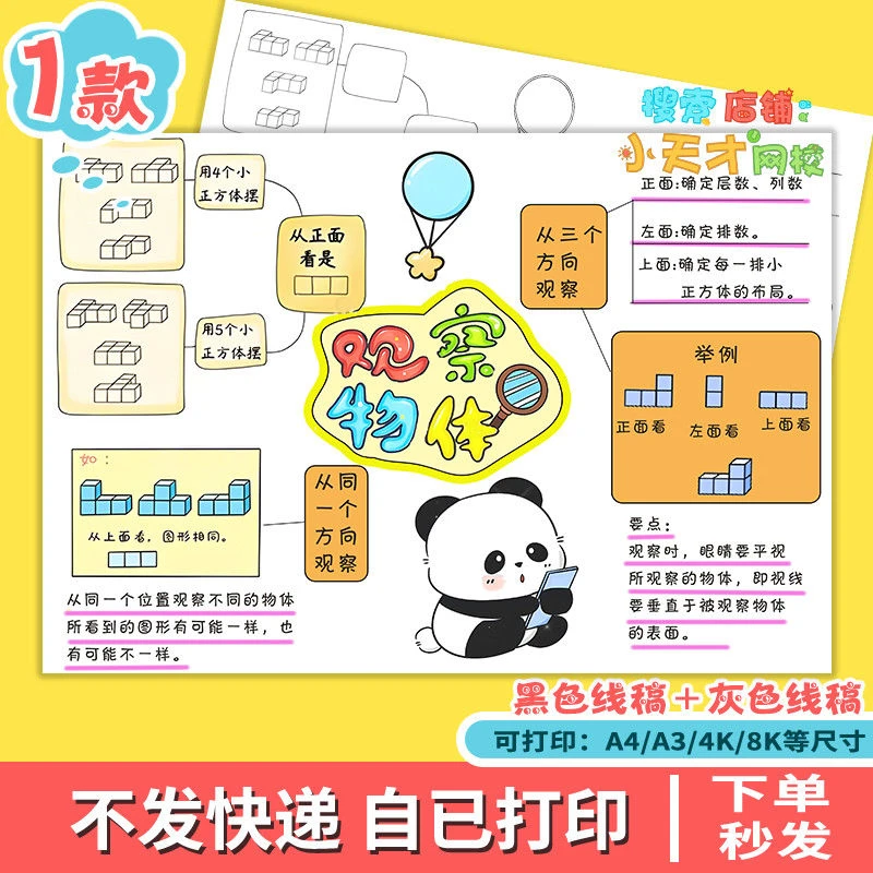 观察物体思维导图手抄报模版电子版五年级下册第一单元线稿g030