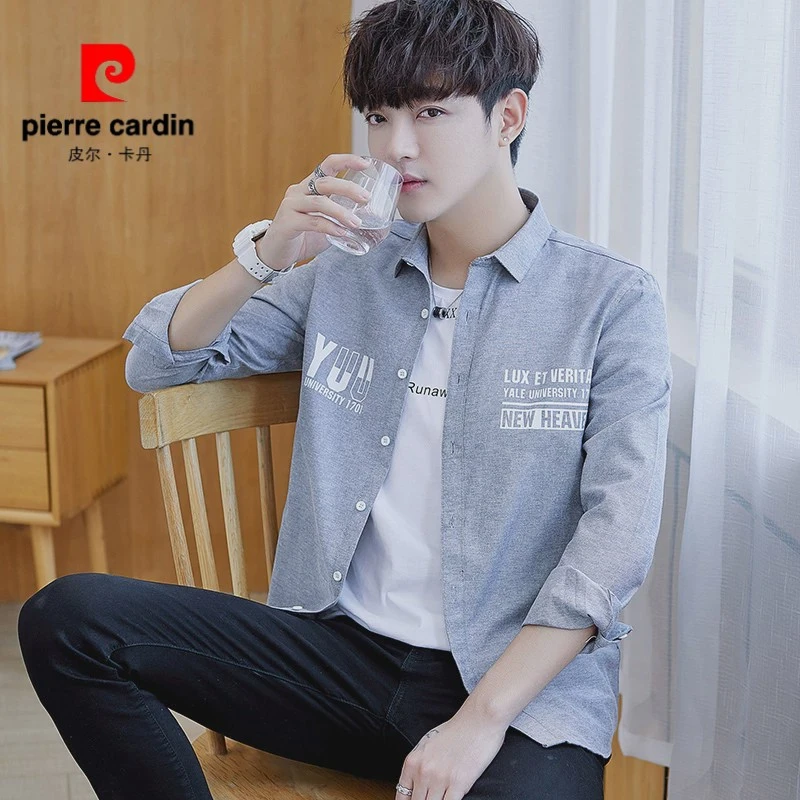 皮尔卡丹春夏装长袖衬衫男薄款休闲寸衬衣韩版潮流牛仔外套男款上