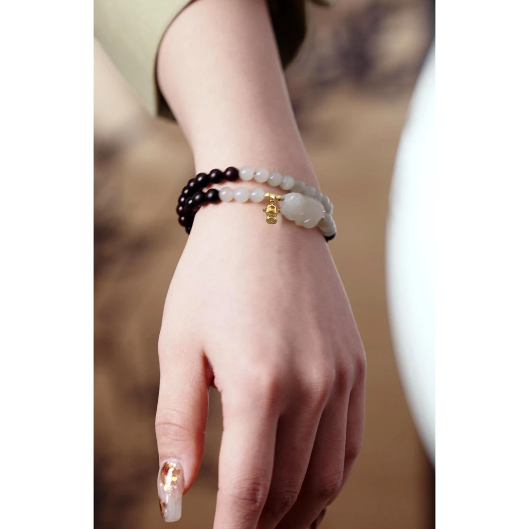 吸金手工貔貅小叶紫檀和田玉双圈文玩小叶紫檀手串女款串珠