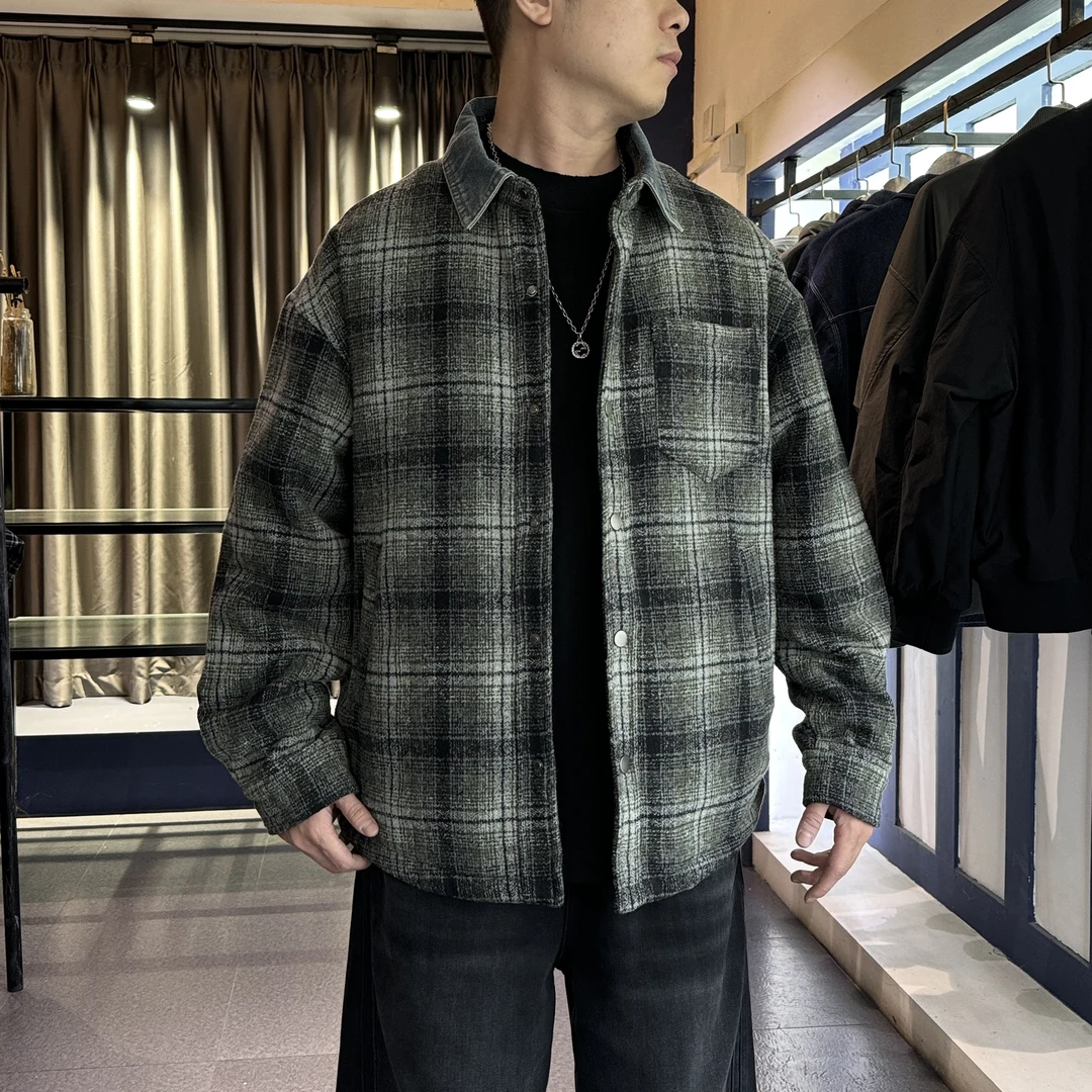 KP-X牛仔拼接格子夹棉外套秋冬保暖设计感个性潮流宽松时髦男夹克