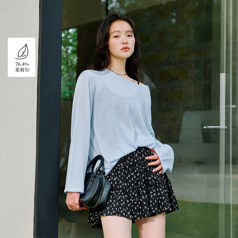 【双12提前购】夏季莱赛尔薄针织衫法式宽松圆领落肩长袖上衣