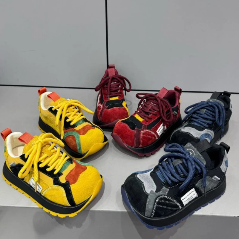 2025秋冬厚底真皮加绒休闲鞋丑萌拼色韩版补丁百搭阿甘鞋运动鞋女