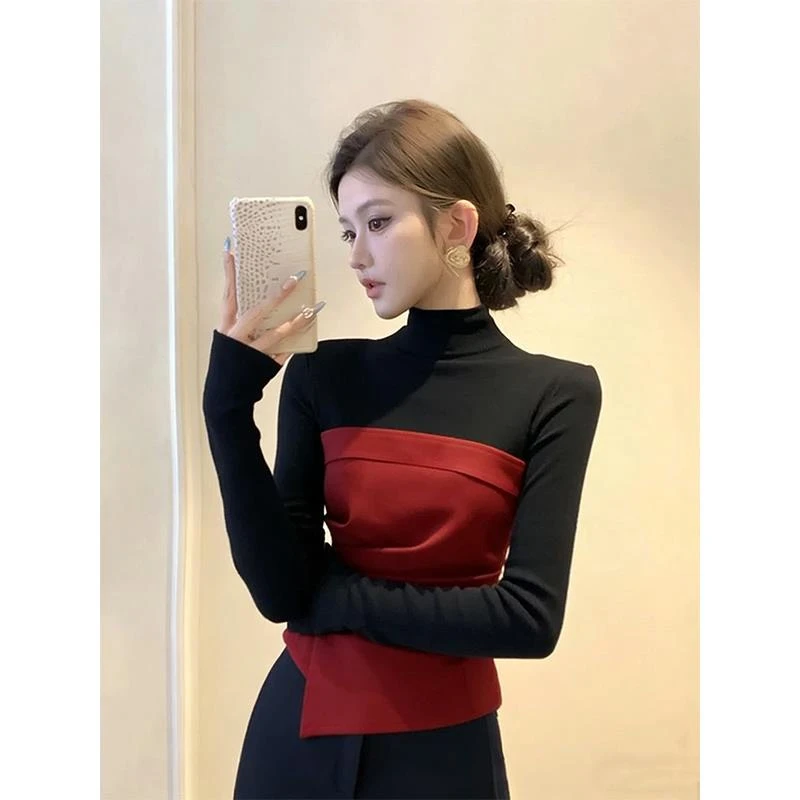 韩系小众不撞款上衣内搭打底衫黑色拼接半高领褶皱长袖t恤女秋冬