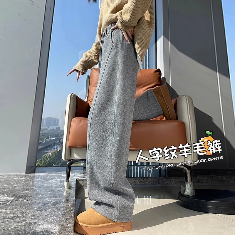 加绒阔腿裤女秋冬2025新款加厚显瘦直筒弯刀裤休闲毛呢羊毛香蕉裤