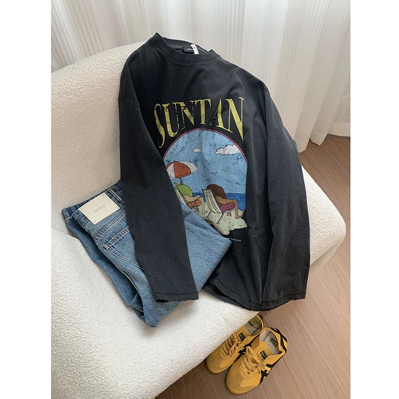 【油画休闲】春季水洗做旧炒色工艺图案字母长袖T恤 深圳货