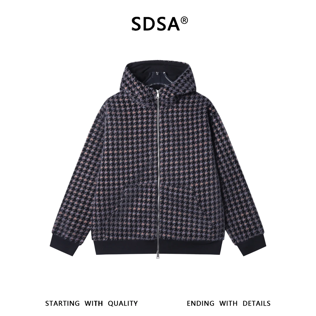 SDSA男士秋冬新款痞帅男装时尚绒毛彩色刺绣拉链立领连帽卫衣百搭