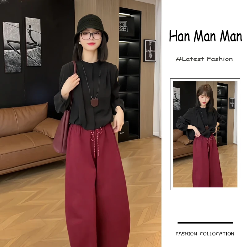 夏季流行穿搭一整套新款2025韩版高级时尚风黑色上衣阔腿裤两件套
