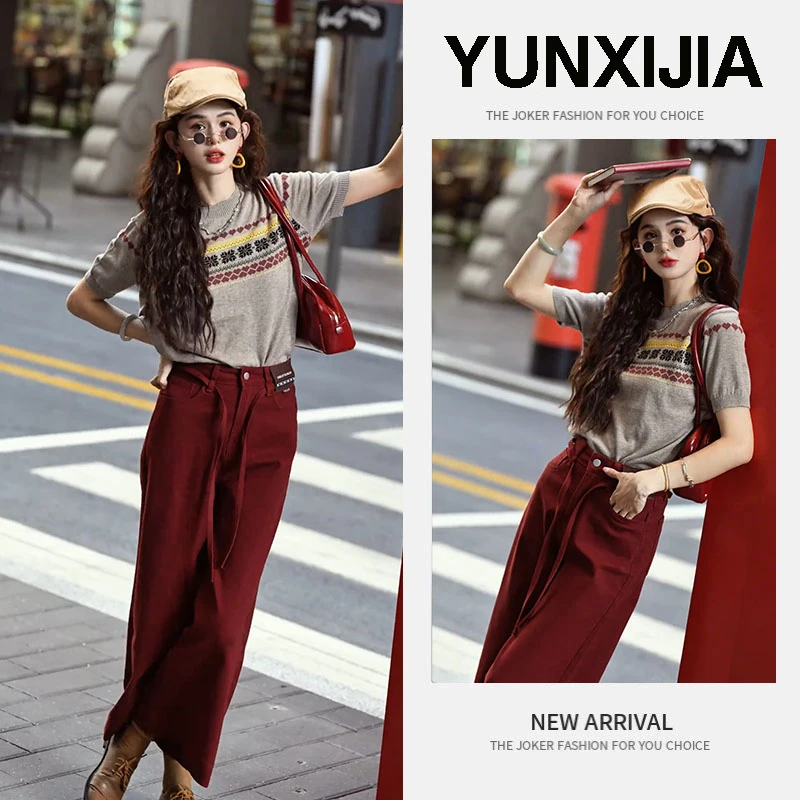 2025夏季新款时尚复古港式宽松百搭设计感短袖上衣裤子两件套