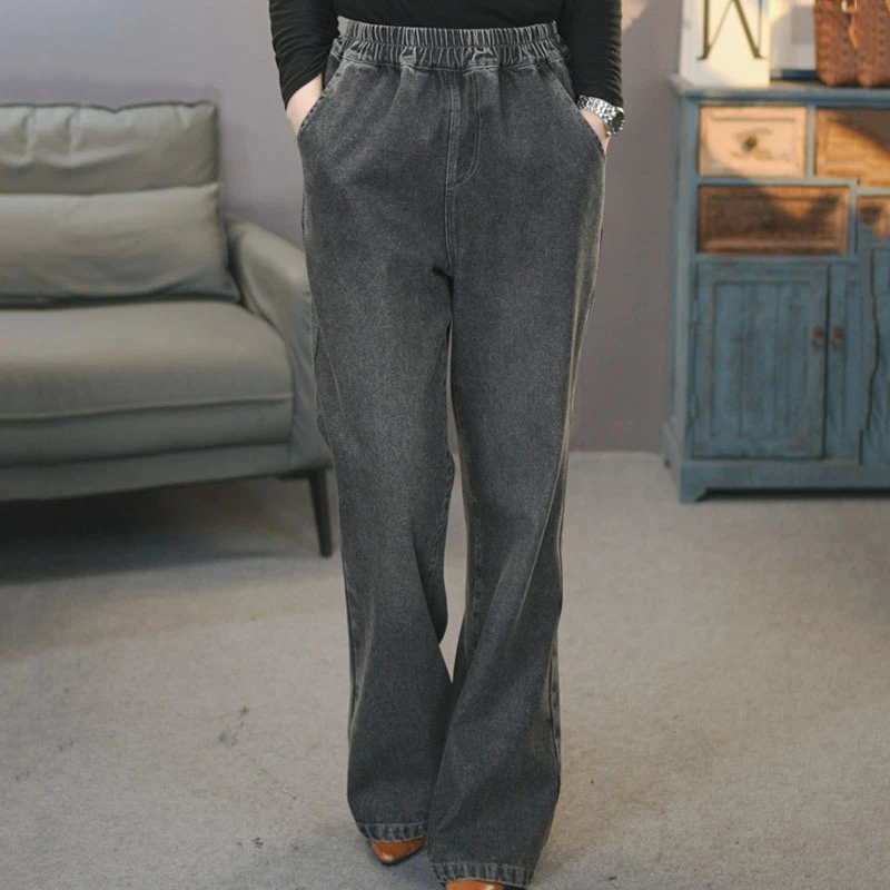 盼盼6805黑色#2025春季复古显瘦牛仔直筒裤松紧腰时尚拖地梧桐裤