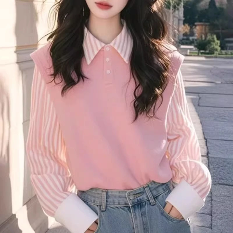 假两件女士粉色衬衫2025早秋新款减龄显瘦时尚设计感条纹气质上衣