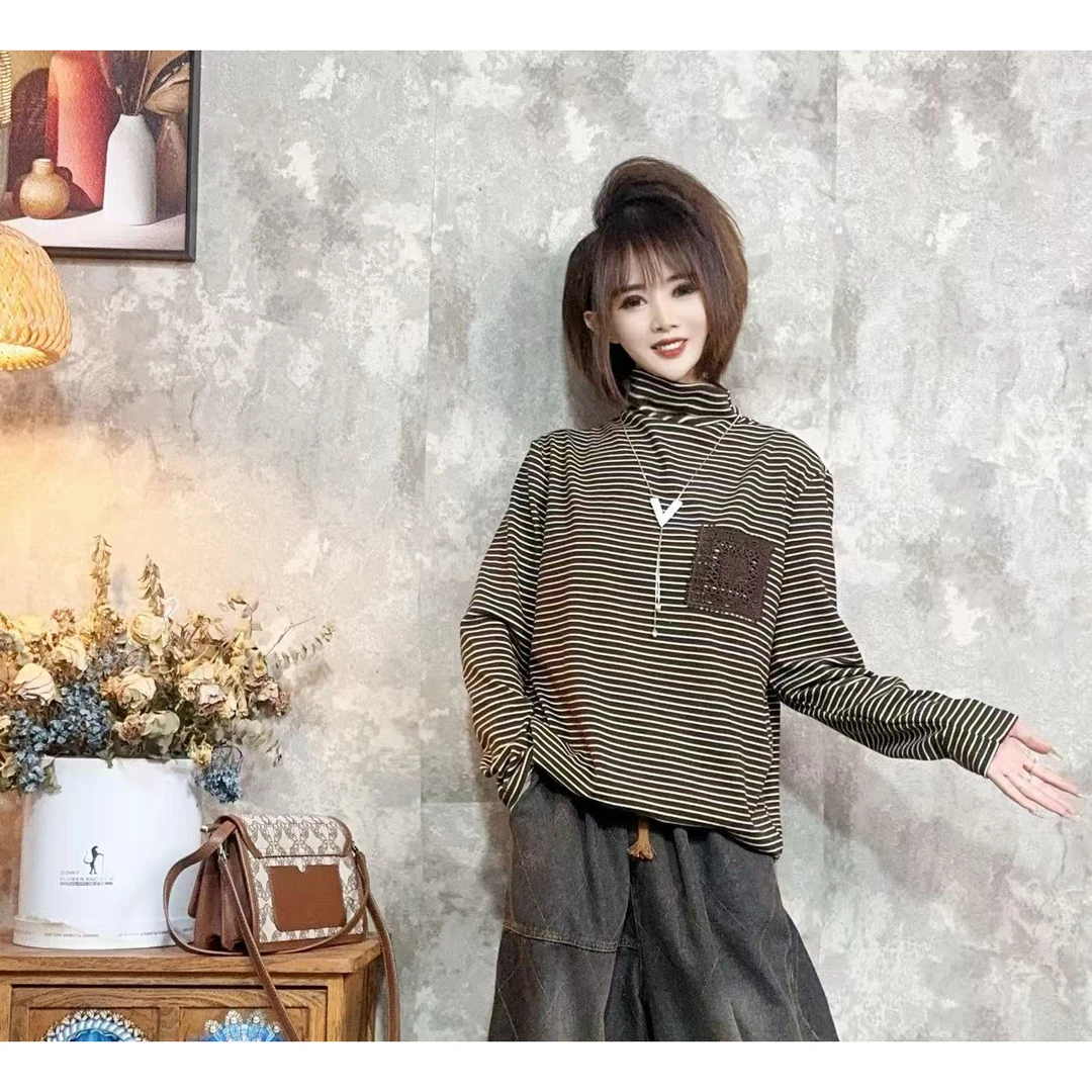 【沐木流浪记】（条纹）新款休闲百搭半高领打底衫上衣z
