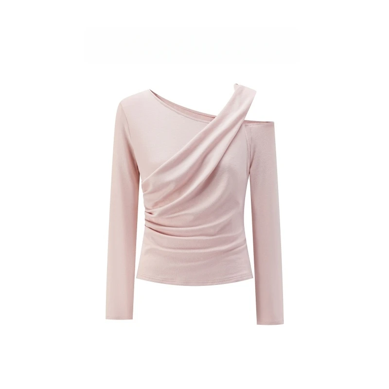 新品韩系粉色斜肩假两件长袖t恤女秋季高级纯欲气质修身打底上衣