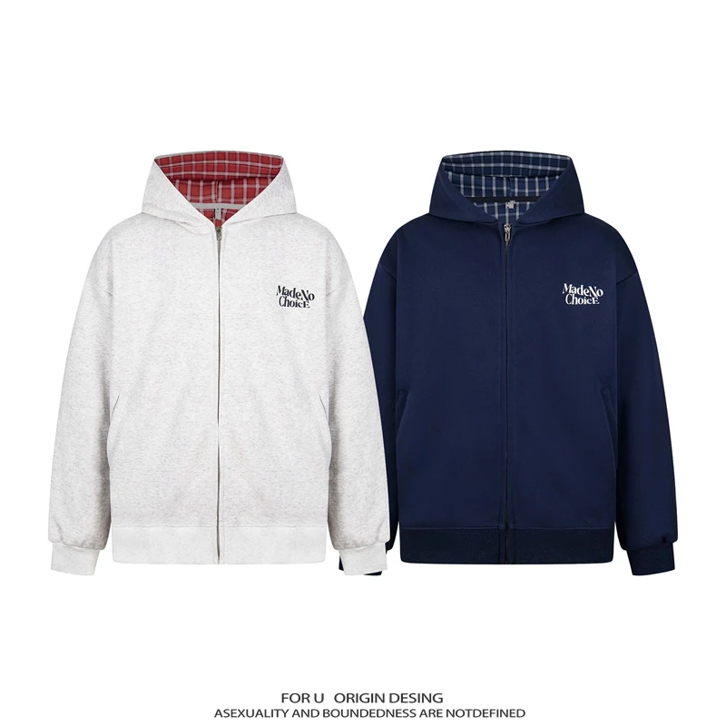 FOR U 原创国潮美式复古简约基础款连帽开衫卫衣潮牌休闲情侣外套