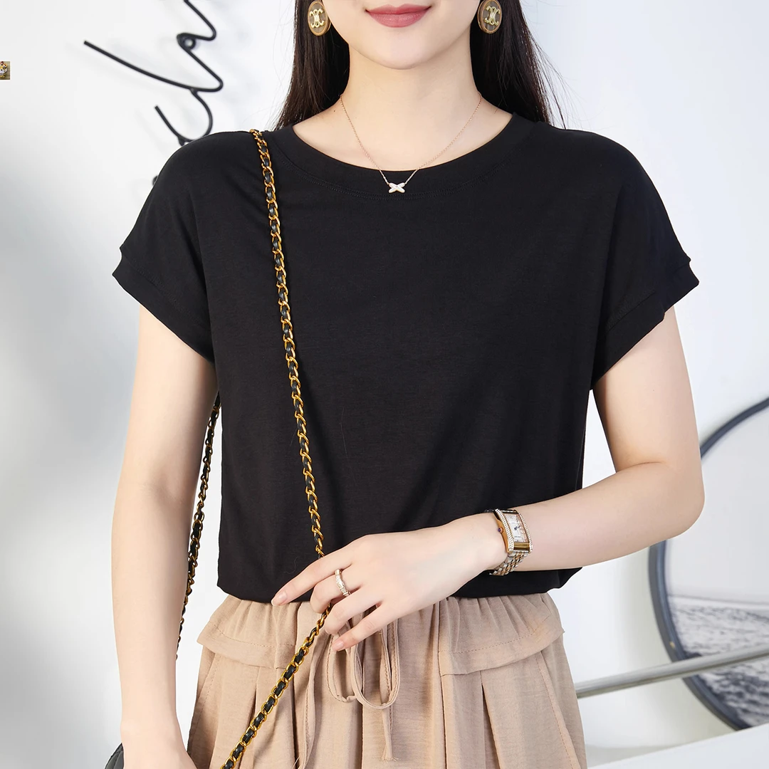 夏季短袖纯棉圆领体恤外穿纯色大码百搭设计感小飞袖上衣时尚洋气