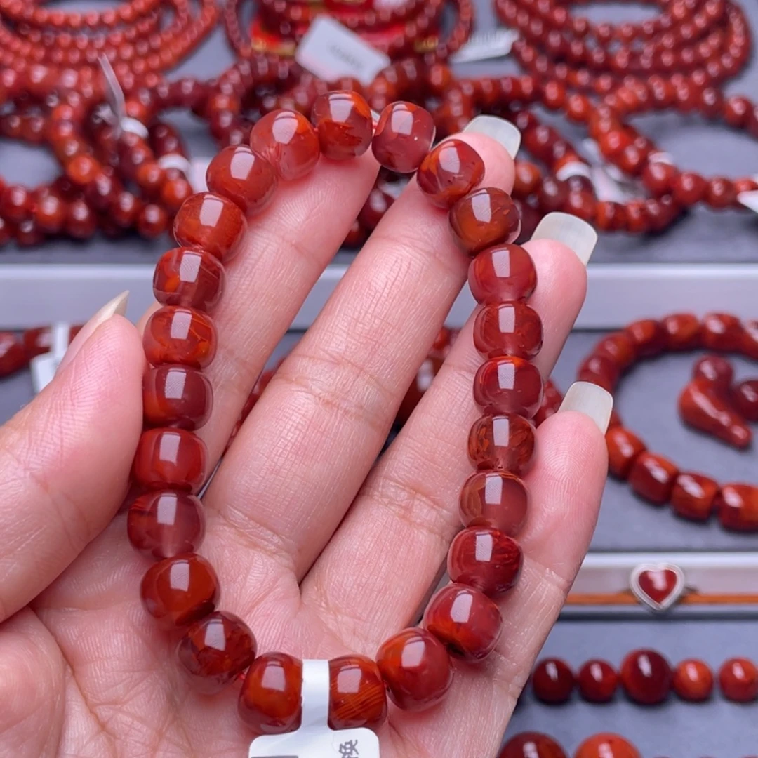 南红玛瑙未镶嵌配珠9.3mm瓦西玫瑰牛血火焰老型手串