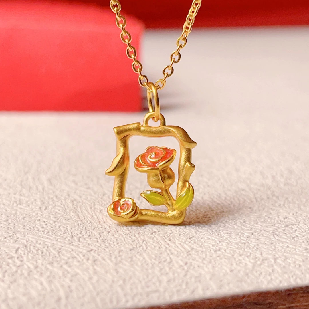 TSL/谢瑞麟定价足金玫瑰花窗转运珠DIY珐琅项坠情人节礼物