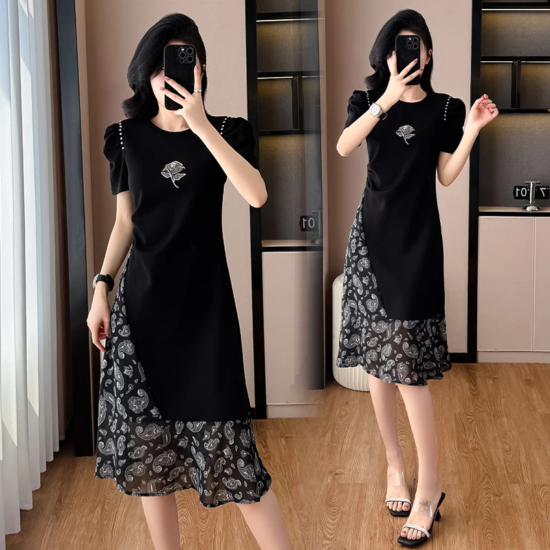 2025高级感轻奢雪纺拼接连衣裙夏季气质收腰显瘦设计感T恤裙百搭