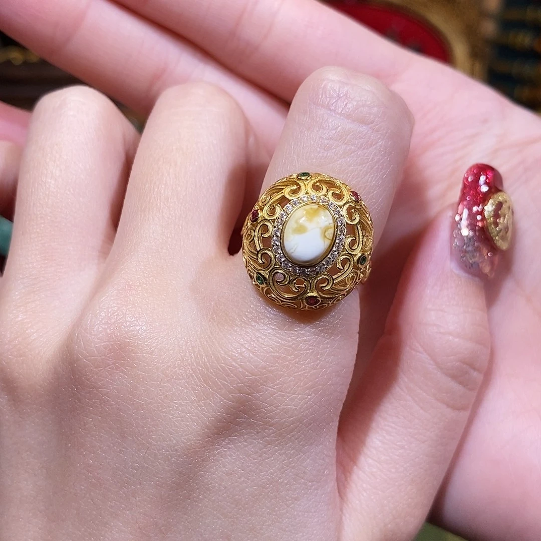 琥珀戒指银S925镀金镶嵌戒指