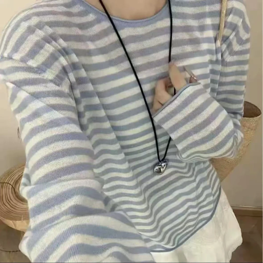 慵懒撞色 秋天松弛感软糯轻薄撞色条纹针织衫8007