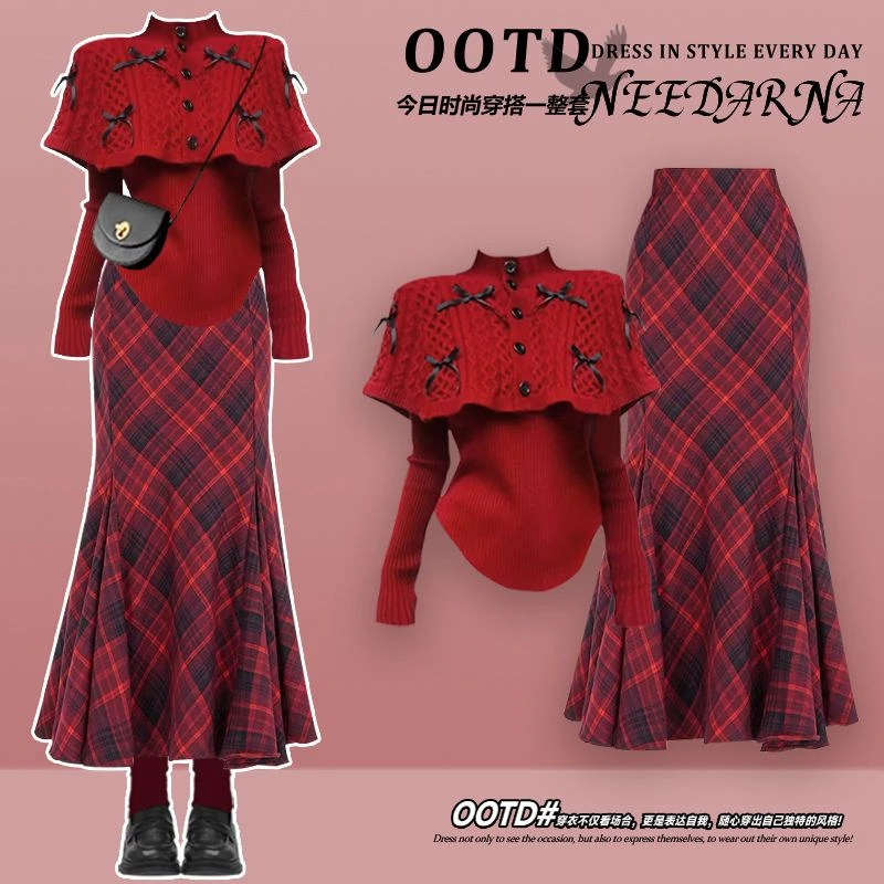 冬季套装女2025新款安可拉红色斗篷毛衣格纹半身裙过年穿搭一整套