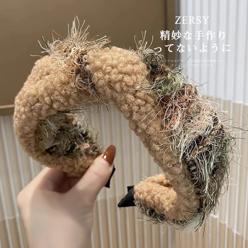 新款秋冬毛绒拼接编织麻花宽边发箍女洋气时尚高颅顶气质发捆发饰
