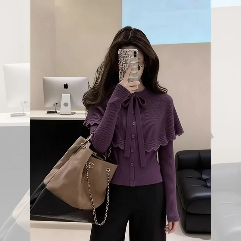 别致独特漂亮内搭紫色斗篷披肩系带假两件针织小衫女装秋冬季穿搭
