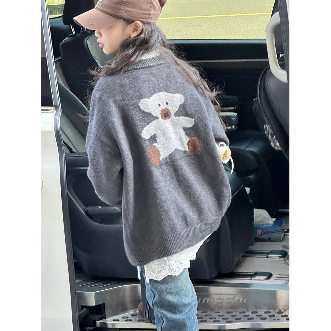 K30457韩系小熊刺绣女童针织开衫外套秋冬装新款儿童毛衣2025上衣