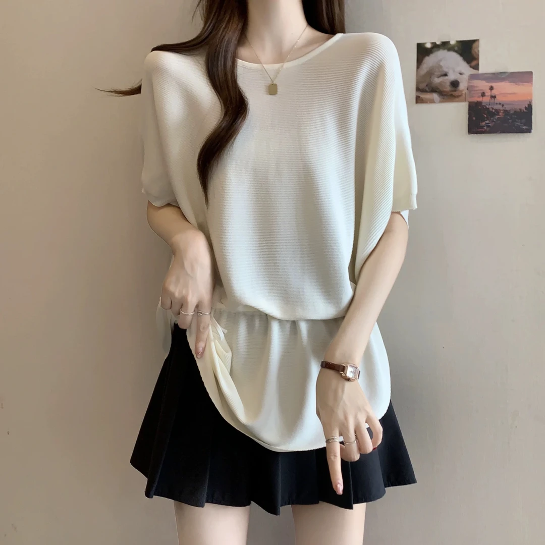 蝙蝠显瘦大码不规则冰丝针织衫休闲遮肚短袖蝙蝠袖夏季