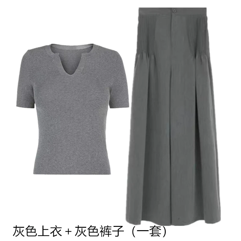 女气质时尚百搭夏季不规则修身针织衫设计感显瘦阔腿长裤两件套装