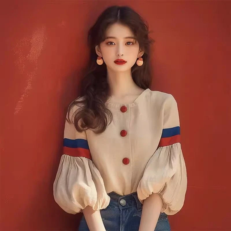 2025早秋新款法式小众设计感独特超好看洋气减龄杏色灯笼袖衬衫女
