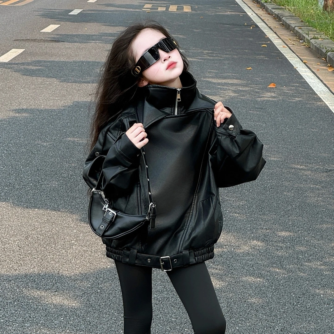 女童秋季黑色套装2025新款女孩春秋潮酷皮衣夹克儿童网红炸街穿搭