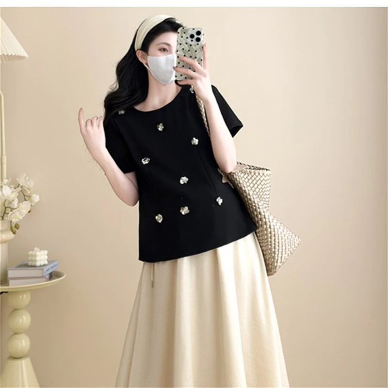 孕妇装夏季2025年新款法式气质钉花圆领短袖T恤减龄黑色显瘦上衣