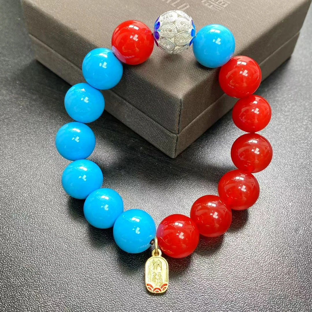 哪吒2原创双色青花瓷加红景天14mm14颗天然玛瑙手串