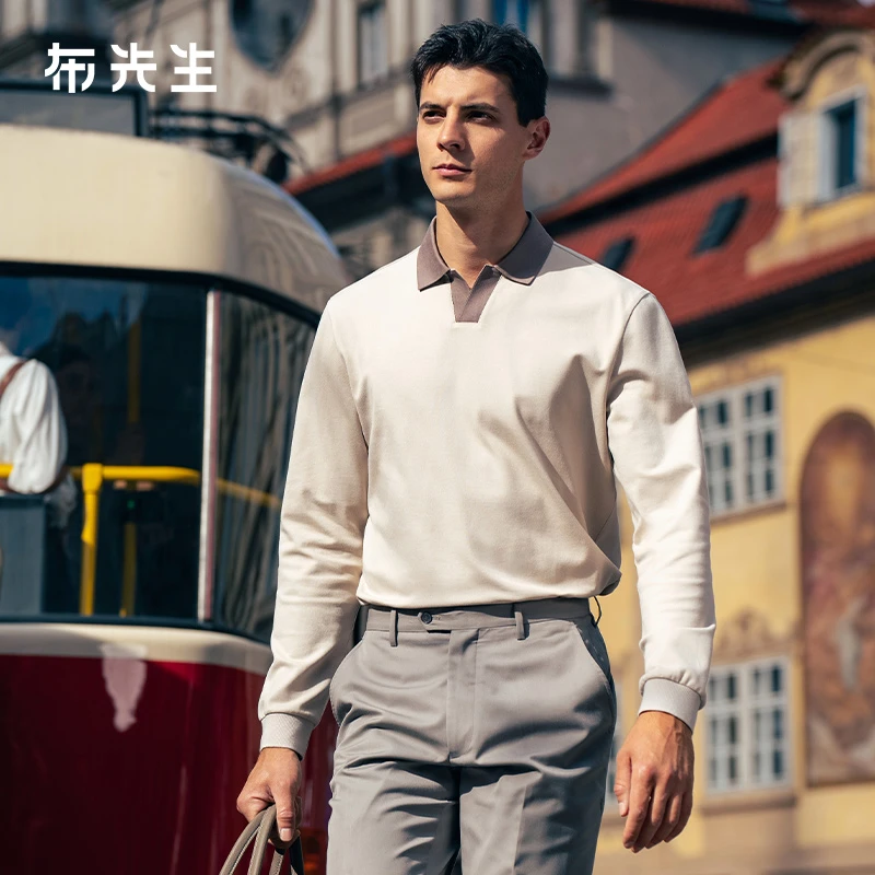 Mr.Bu布先生长袖海鸥领T恤衫撞色设计秋冬纯色男士POLO衫BT16859